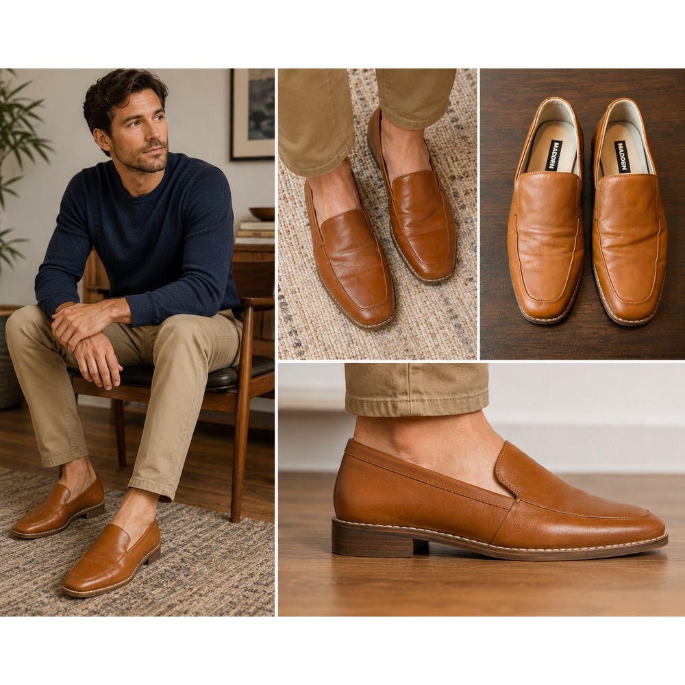 Madden Mens Tan Leather Loafers Square Toe Slip On Dress Shoes Tan Brown